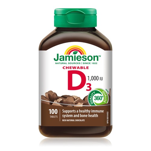 Jamieson Vitamin D3 Supplement 1000 IU Soft Chew Chocolate 100 Count