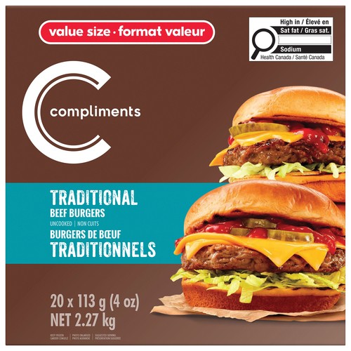 Compliments Frozen Beef Burger Traditional 20 Patties 2.27 kg