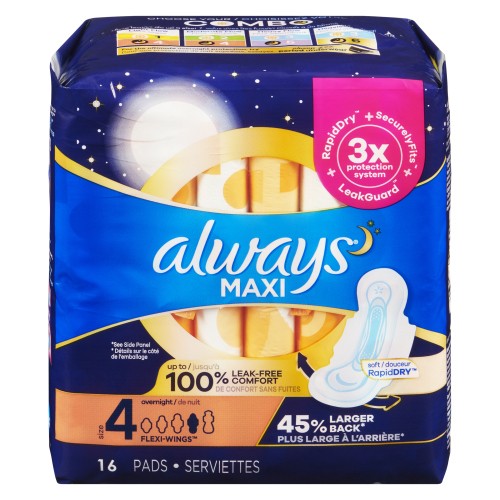Always Maxi Pads Overnight Size 4 With Wings 16 Count