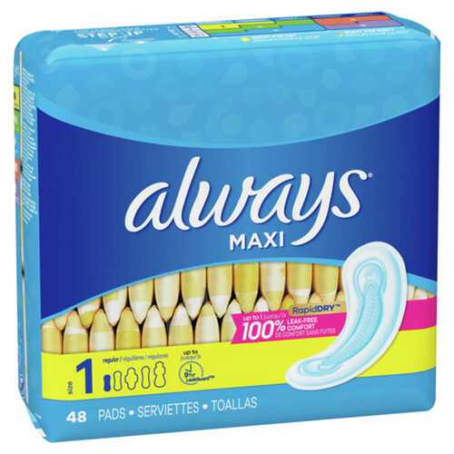 Always Rapid Dry Maxi Pads Regular Size 1 48 Count