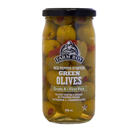 Farm Boy Green Olives Grade A Red Pepper Stuffed 370 ml