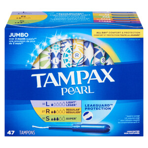 Tampax Pearl Tampons Leak Guard Protection Jumbo 47 Tampons - Voilà