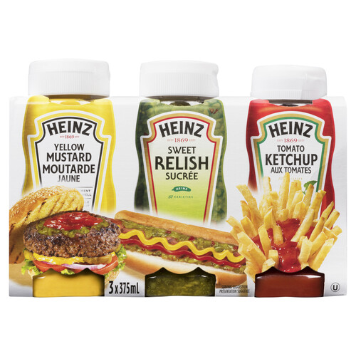 Heinz Condiment Pack Yellow Mustard, Sweet Relish & Tomato Ketchup 3 x 375 ml
