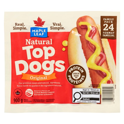 Maple Leaf Natural Top Dogs Hot Dogs Original Family Size 900 g