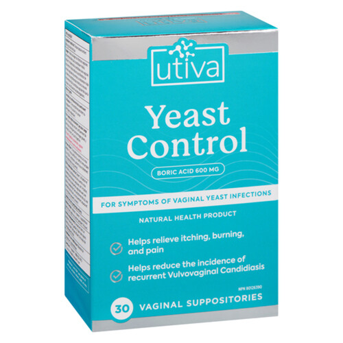 Utiva Yeast Control Boric Acid 600 mg Vaginal Suppositories 30 Count