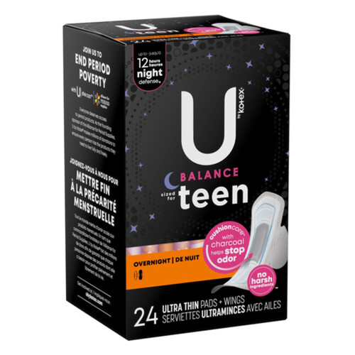 U by Kotex Teen Ultra Thin Overnight Pads With Wings 24 Count