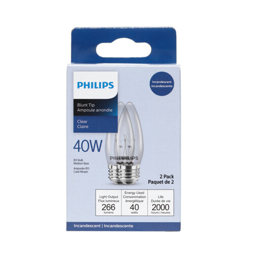 Philips Bulbs 40W Clear Blunt Tip 2 EA