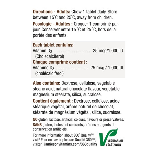 Jamieson Vitamin D3 Supplement 1000 IU Soft Chew Chocolate 100 Count