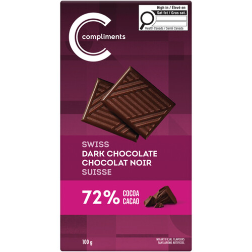 Compliments Chocolate Bar 72% Cocoa Swiss Dark 100 g