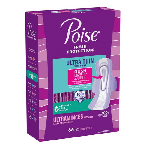 Poise Ultra Thin Pads Light Absorption Regular Length With Wings 66 Count