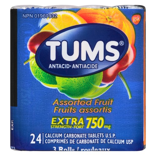 Tums Antacid Calcium Supplement Extra Strength Tablets Assorted Fruit 3 Rolls 24 Count