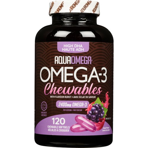 AquaOmega High DHA Omega-3 Chewable Softgels Grape Flavour 120 Count