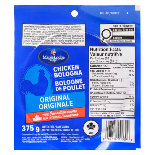 Maple Lodge Farms Gluten-Free Chicken Bologna Value Size 375 g