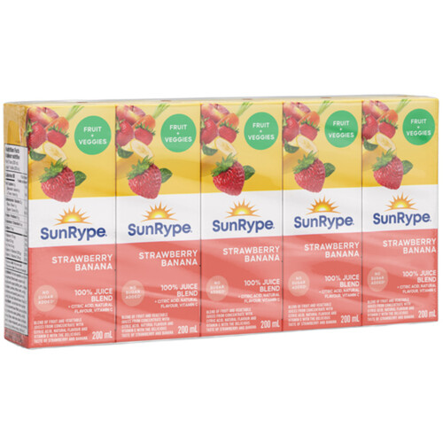 SunRype Fruit Plus Juice Veggies Strawberry Banana Boxes 5 x 200 ml