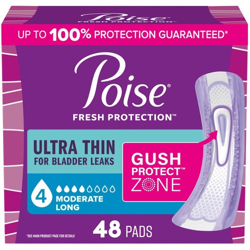 Poise Ultra Thin Incontinence Pads Moderate Absorbency Long 48 Count