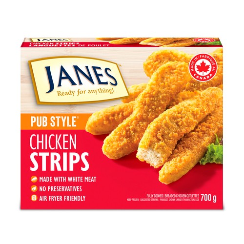 Janes Fully Cooked Frozen Chicken Breast Strips Pub Style 700 g