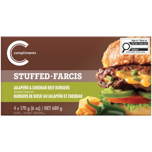 Compliments Frozen Beef Burgers Stuffed Jalapeno & Cheddar 680 g
