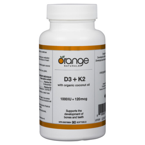 Orange Naturals Vitamins D3 + K2 with Organic Coconut Oil 90 Softgels 