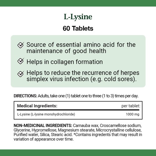 Nature's Bounty L-Lysine 1000 mg Tablets 60 Count