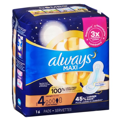 Always Maxi Pads Overnight Size 4 With Wings 16 Count