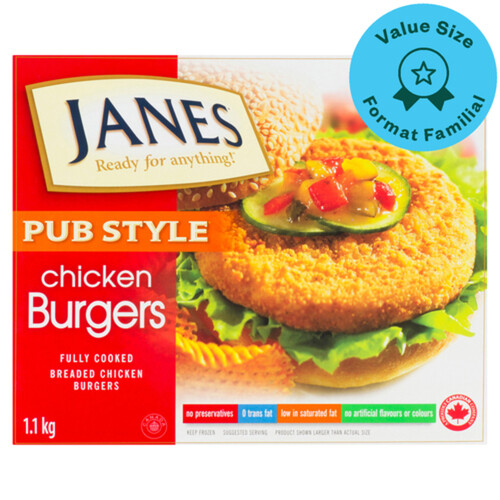 Janes Frozen Breaded Chicken Burgers Fully Cooked Pub Style 1.1 kg