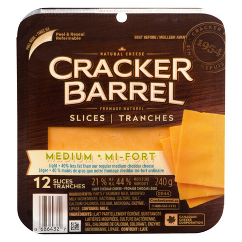Cracker Barrel Light Cheese Slices Medium Cheddar 12 slices 240 g