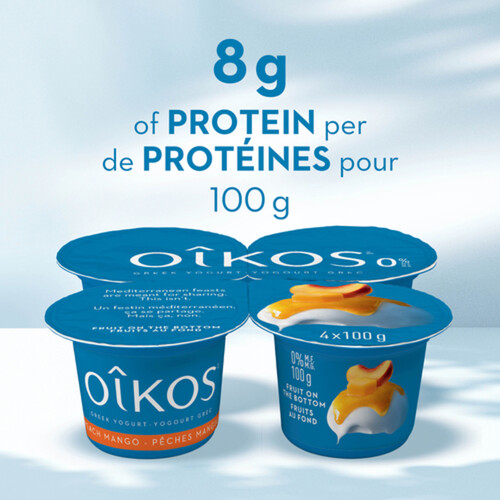 Oikos Fat-Free 0% Greek Yogurt Fruit On The Bottom Peach-Mango 4 x 100 g