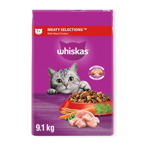 Whiskas Meaty Selections Adult Dry Cat Food With Real Chicken 9.1 kg
