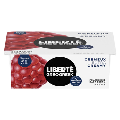 Liberté Greek 5% Extra Creamy Yogurt Raspberry High Protein 4 x 100 g