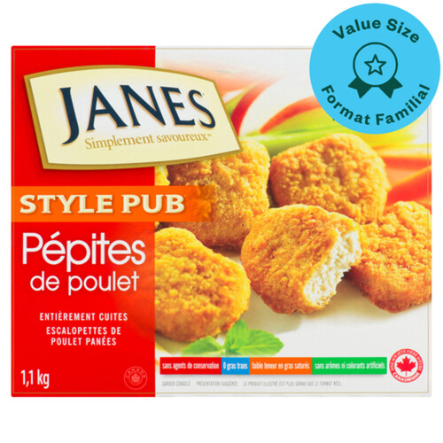 Janes Frozen Chicken Breast Nuggets Fully Cooked Pub Style 1.1 kg