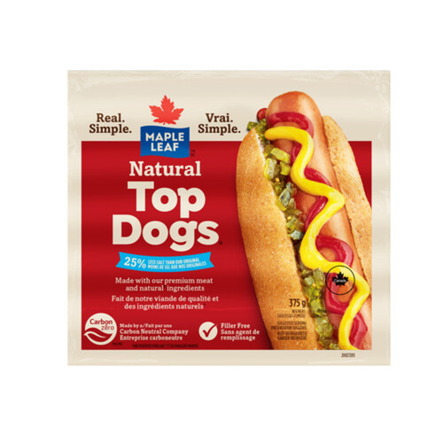 Maple Leaf Natural Top Dogs Less Salt Hot Dogs 375 g