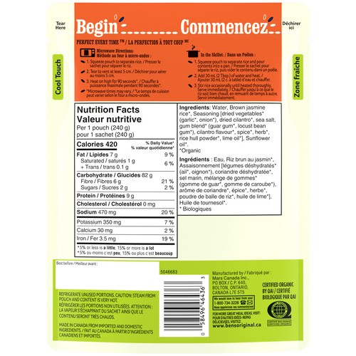 Ben's Original Organic Brown Jasmine Rice Cilantro And Lime 240 g