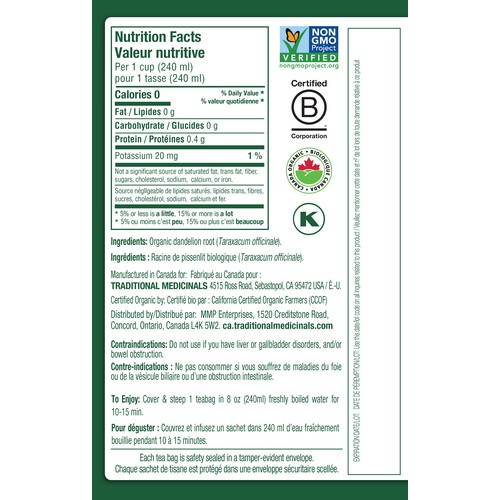 Traditional Medicinals Organic Herbal Tea Roasted Dandelion Root 16 Tea Bags