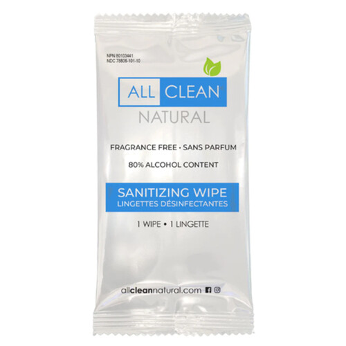 All Clean Natural Single Sanitizing Wipes Fragrance Free 50 Count